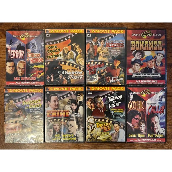 LOT OF 16 MOVIES on 8 DVDs, CRIME-WESTERN-HORROR, all BRAND-NEW, SEALED - Picture 1 of 2